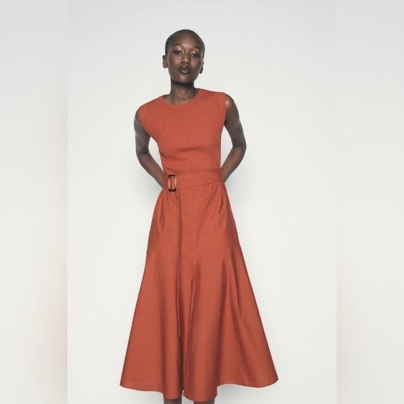 ZARA | A-line contrast rust colored belted midi dress - Picture 2 of 16